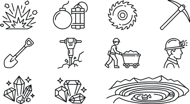 Mining and digging icons set explosion bomb dynamite saw pickaxe shovel jackhammer cart miner crystals gems quarry.