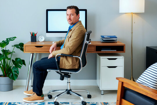 Portrait of middle aged Caucasian man sitting at home office desk and looking at camera, presenting remote work setup and productivity concept. Useful for hybrid work marketing