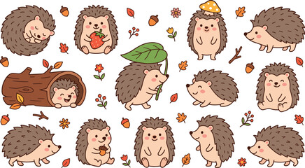Cute cartoon hedgehog character sticker sheet set with various poses sleeping sitting holding strawberry acorn inside log forest mushrooms leaves vector © Mdjony