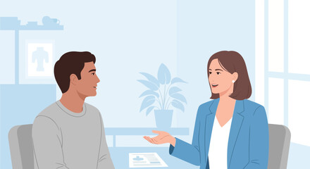 Fototapeta premium Business meeting, two people talking in office, illustration, professional discussion