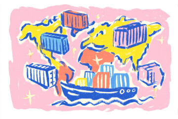 Naklejka premium Global trade tensions shipping container cargo ship ocean freight logistics on world map illustration
