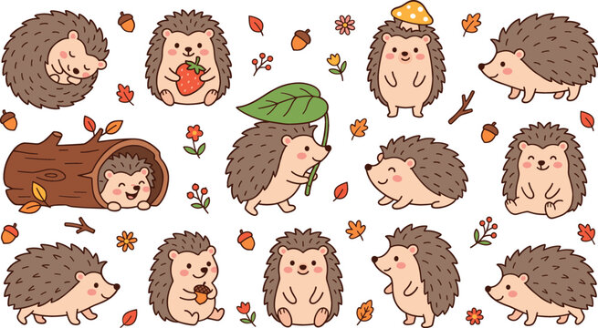 Cute cartoon hedgehog character sticker sheet set with various poses sleeping sitting holding strawberry acorn inside log forest mushrooms leaves vector