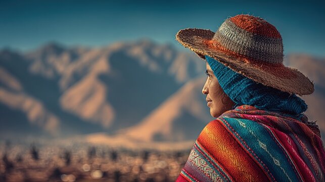 Peruvian woman in traditional colorful textiles and hat gazing at Andes mountain landscape.