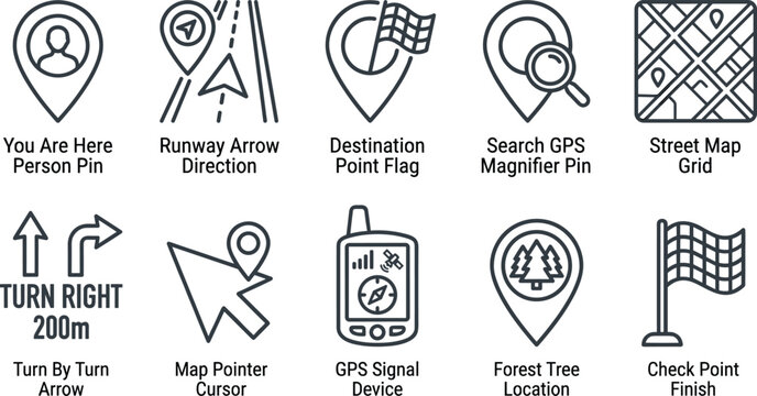 Navigation icons set person pin runway arrow destination flag search magnifier street map grid.