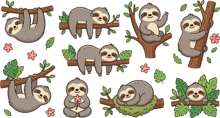 Fototapeta premium Cute cartoon sloth character sticker sheet set with various poses hanging on branch sleeping sitting climbing jungle tropical leaves flowers vector