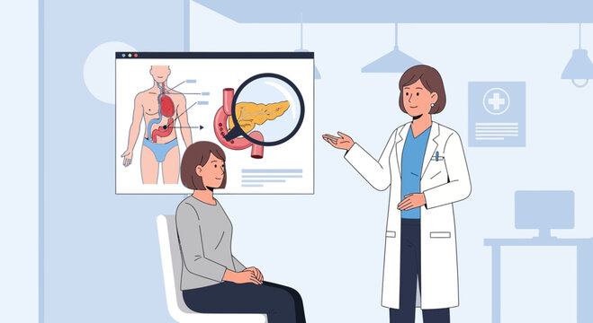 Doctor explains pancreas diagram to patient in clinic, medical consultation