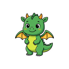 Fototapeta premium Cute baby dragon character isolated on white background, flat vector illustration with black outline
