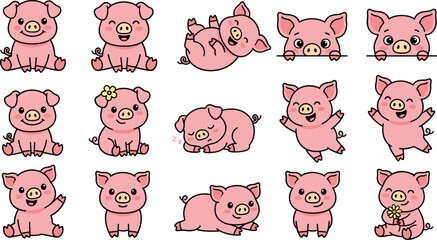 Cute little pig cartoon character vector illustration set featuring funny piglets in different poses, sleeping, waving, and holding flower. © Mdjony