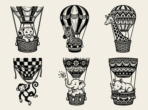 Linocut baby safari animal set in hot air balloon, lion, zebra, giraffe, monkey and elephant on cream background