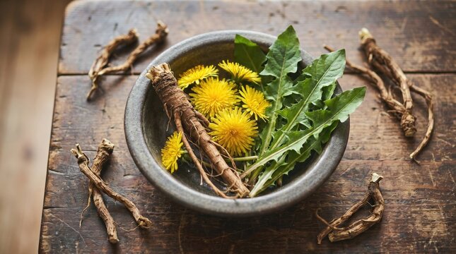 Dandelion roots and flowers in stone bowl on rustic wood table
