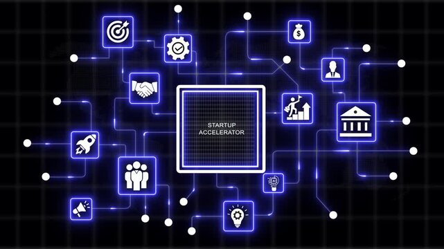 Coach motivation to startup accelerator improvement. Education concept. Training. Leadership skills. Human abilities. Internet, business, Technology - 4k black background icon animation