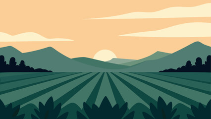 Silhouetted mountain range at sunrise over geometric patterned fields in golden light © Djujjol