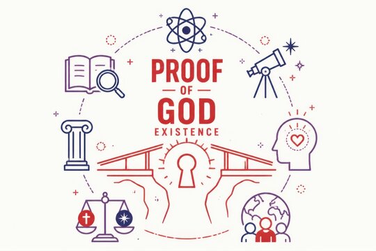Educational infographic presenting proof of God existence with theology philosophy and science icons
