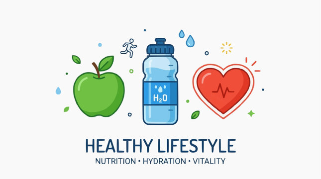 Healthy lifestyle icons: an apple, a water bottle, and a heart with a pulse, symbolizing nutrition, hydration, and vitality.