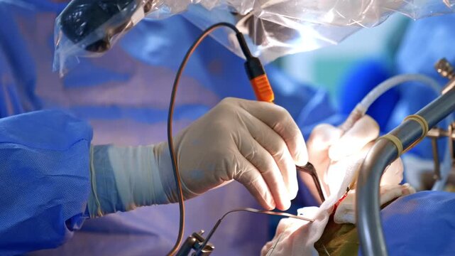 Surgeon hands performing microsurgical procedure under operative microscope. Gloved hands grip instrument with orange connector, sterile blue drape and bright operative field.