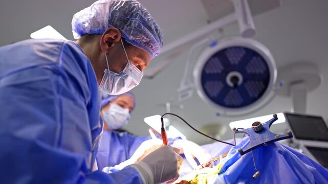 Neurosurgeon using electrosurgical tool with head fixation frame. Surgeon leans forward, second surgeon behind, round surgical lamp overhead, blue drape.