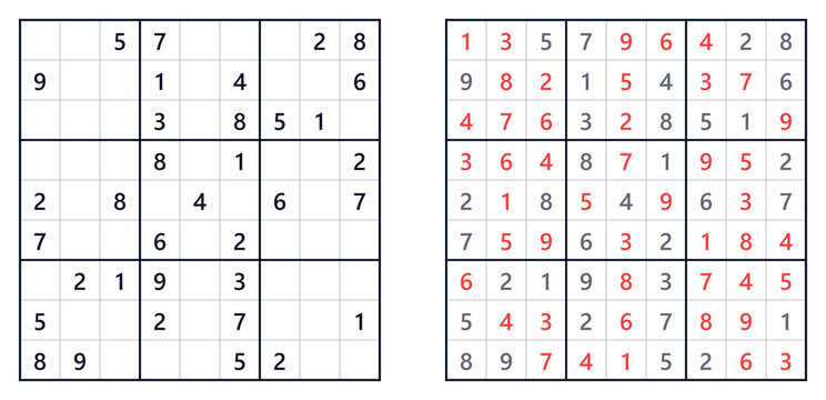 Classic Sudoku logic puzzle game with unsolved grid and final solution