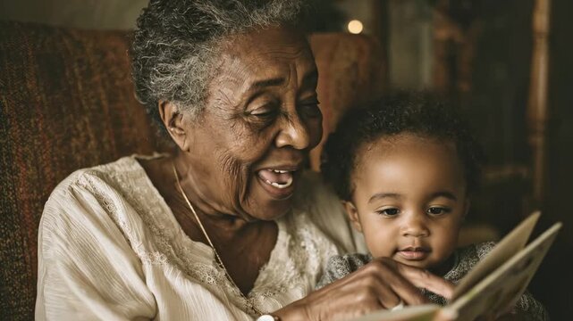 Warm portrait of a grandmother and grandson reading together. Loving moment, shared stories, family connection, cozy atmosphere. Age and wisdom, generational bond, beautiful smiles.