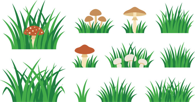 Green grass tufts vector icons set with wild woodland mushrooms amanita tuft borders and cartoon meadow field lawns isolated on white background.
