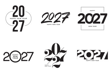 Obraz premium Modern 2027 Happy New Year logo collection. 2027 Happy New Year symbol set. Vector minimalist black 2027 New Year labels. Holiday symbols for greeting card, brochure, poster, branding and printing.