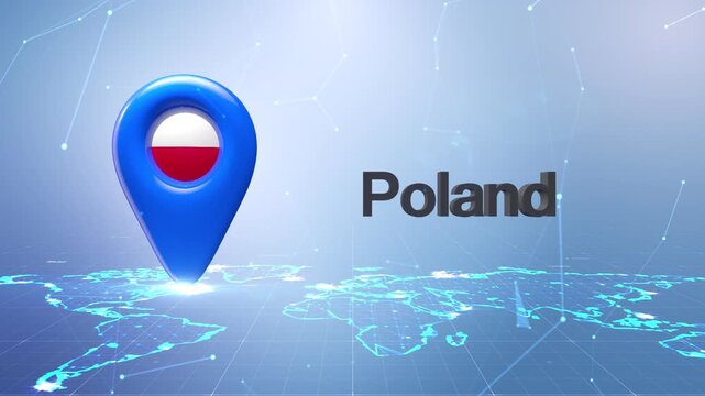 Poland Flag Inside Location Pin On Digital World Map Animation