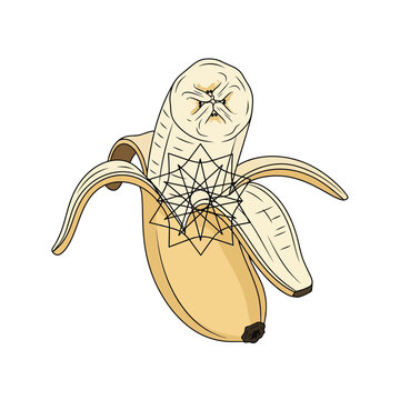 Abstract Surrealism Illustration of a Peeled Banana with Occult Geometric Symbol, Sacred Geometry Food Art, Isolated Vector Design on White Background