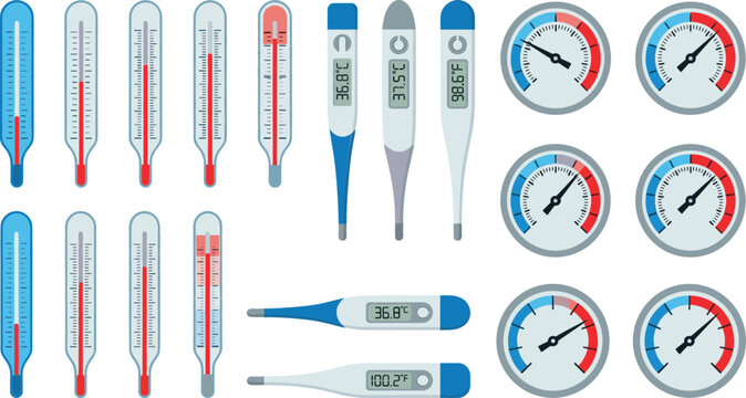 Medical thermometer vector icons set with digital temperature gauges classic glass mercury tubes and round climate dials isolated on flat white background.
