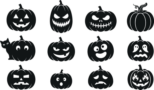 Halloween pumpkin jack o lantern black silhouette vector set with various scary spooky funny faces evil expressions spooky cat and ghosts faces