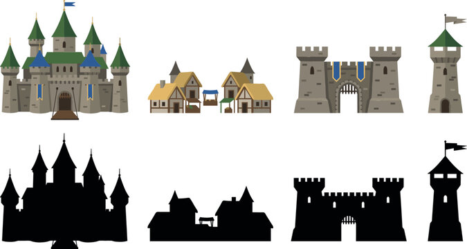 Medieval castle vector collection with fantasy kingdom towers village houses fortress gate icons and black silhouettes set isolated on white background.