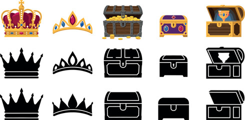 Medieval royal treasure vector icons set with gold crowns tiara treasure chests full of coins and black silhouettes isolated on white background. © MdMehedi