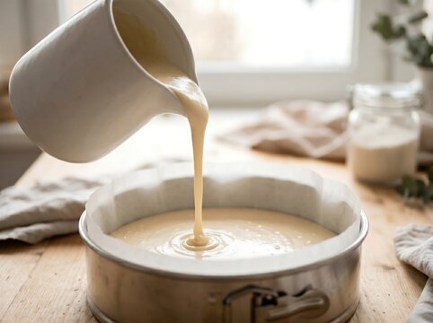 Pouring thick cake batter into a silver baking pan