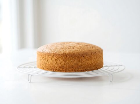 A freshly baked golden sponge cake on a cooling rack