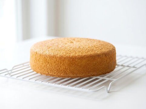 A freshly baked golden sponge cake on a cooling rack