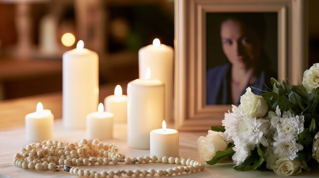 Candlelight tribute to a loved one with flowers and a photograph on display