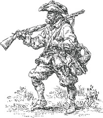 Obraz premium engraving of colonial soldier with musket and powder horn, walking in grass