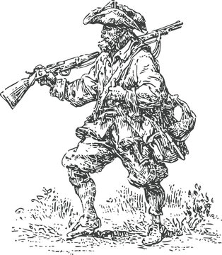 engraving of colonial soldier with musket and powder horn, walking in grass