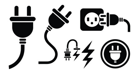 Electric Plug icon set, socket and outlet connection symbols, power cord interface, electrical energy and charging concept, clean vector illustration © Ayat 03