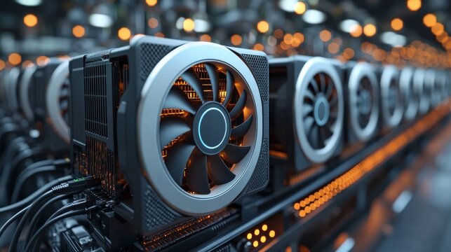 Professional cryptocurrency mining rig with high-performance fans and orange ambient lighting.