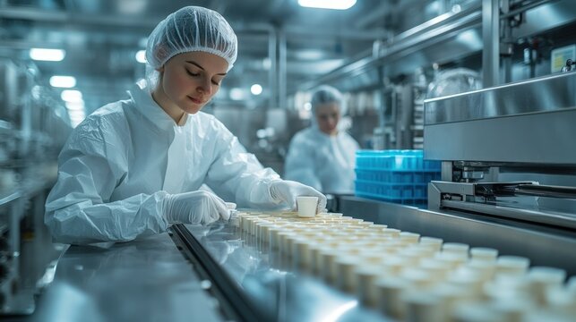 Professional female worker in a protective clean suit operating a food packaging machine in a factory.