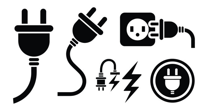 Electric Plug icon set, socket and outlet connection symbols, power cord interface, electrical energy and charging concept, clean vector illustration