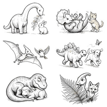 Baby brachiosaurus dinosaur and fluffy rabbit share leaf on white background, ink sketch for nursery wall art