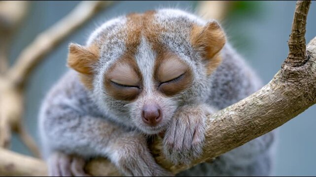 Adorable Slow Loris peacefully napping on a tree branch, showcasing its serene and tranquil beauty