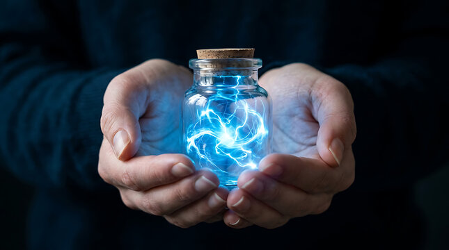 Captivating hands hold a mystical glowing jar, unleashing mysterious blue electrical power and vibrant potential