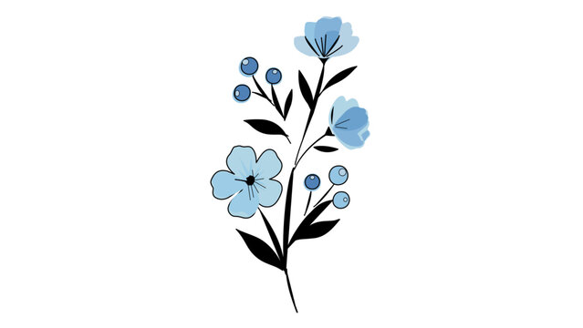 Elegant blue flower branch vector illustration with berries and leaves, featuring an editable stroke for customizable line weight and adjustable stroke width. Minimalist floral line art icon.