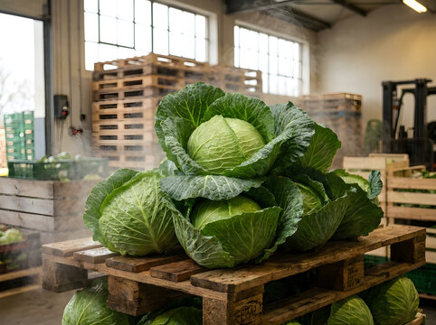 Fresh green cabbage heads stacked on wooden pallets in a bright, modern warehouse setting for food production.