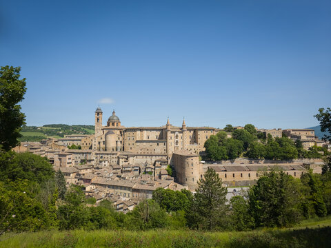 Panoramic view of Urbino from Via Fratelli Rosselli in Italy