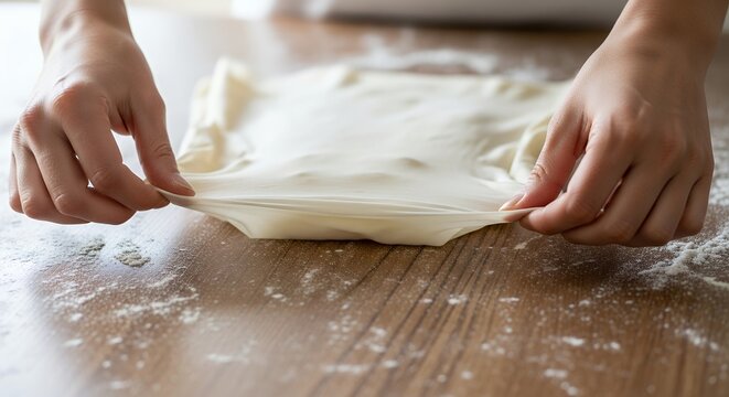 Hands stretching thin filo pastry dough on table