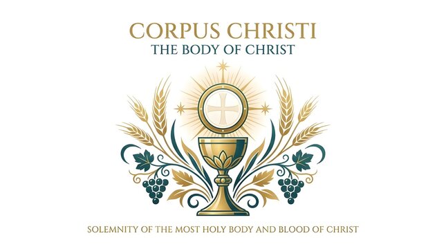 Corpus Christi Celebration Illustration: Christian Holy Sacrament Feast with Golden Chalice Monstrance Grapes and Wheat Wreath Background