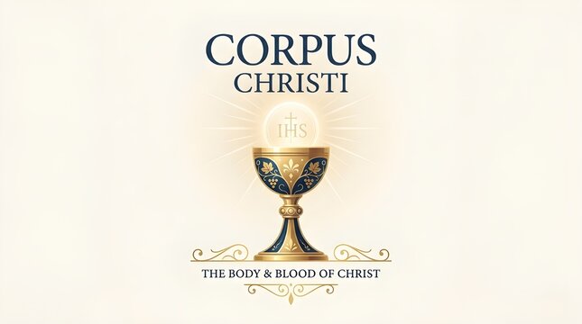 Corpus Christi Celebration Illustration: Christian Holy Sacrament Feast with Golden Chalice Monstrance Grapes and Wheat Wreath Background