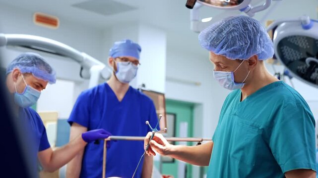 Surgeon examining cranial fixation clamp with team in operating room. Teal gown, cap and mask, two colleagues alongside, surgical lamp and neuronavigation arm overhead.